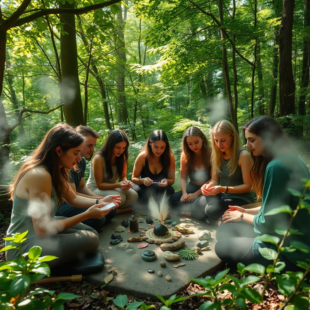 Una reunión del Grupo Phases, mostrando artistas y escritores en un entorno boscoso, realizando rituales simbólicos con objetos naturales.