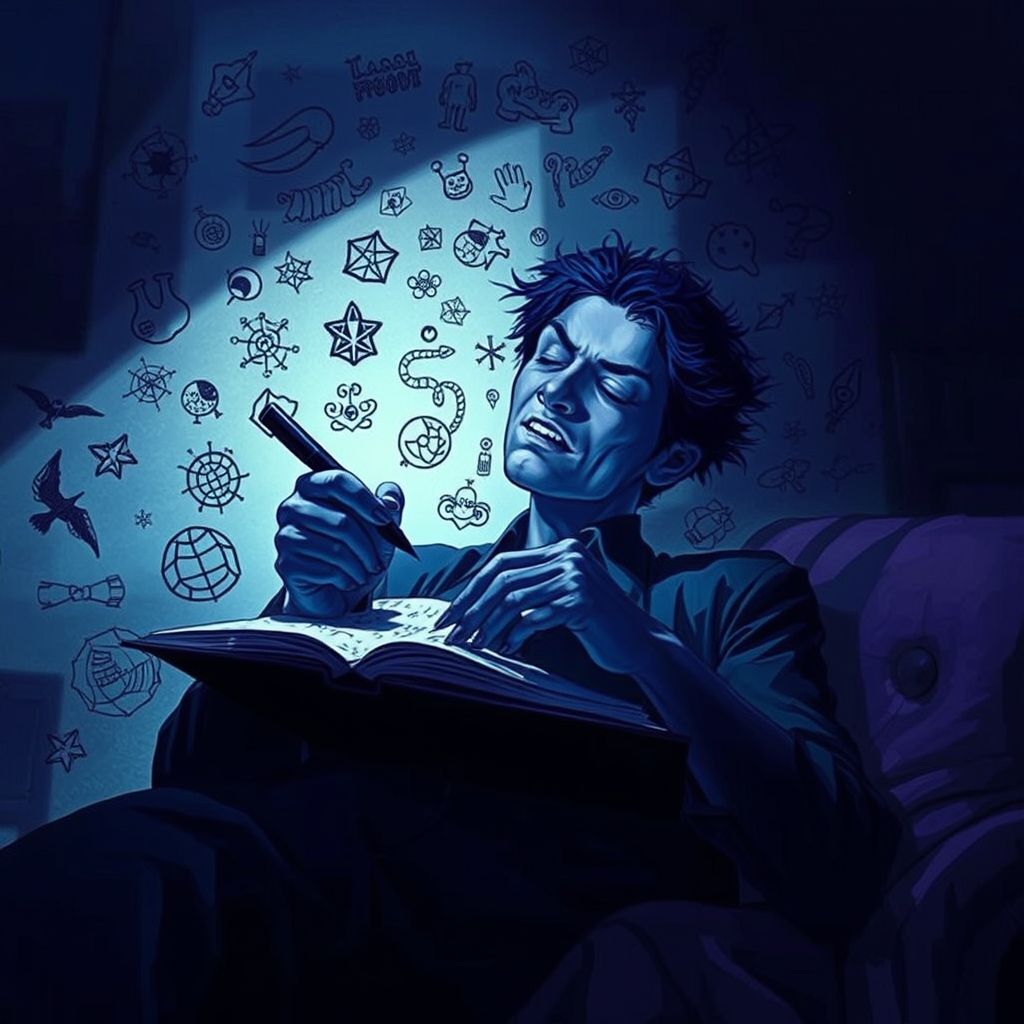 Una persona escribiendo frenéticamente en una página con un bolígrafo, con los ojos cerrados y en un estado de trance aparente, rodeada de símbolos y dibujos extraños.