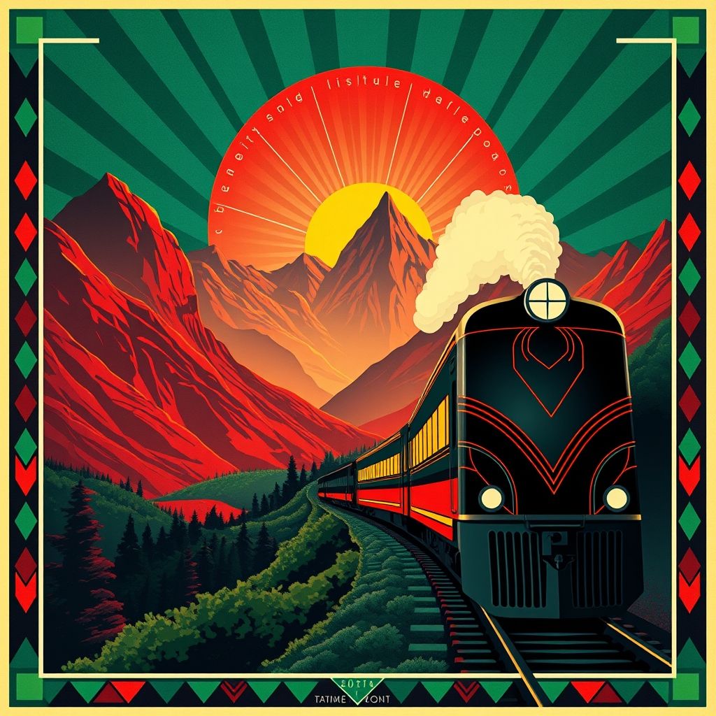 Un póster Art Déco vibrante que anuncia un viaje en tren, con diseños geométricos y colores llamativos.