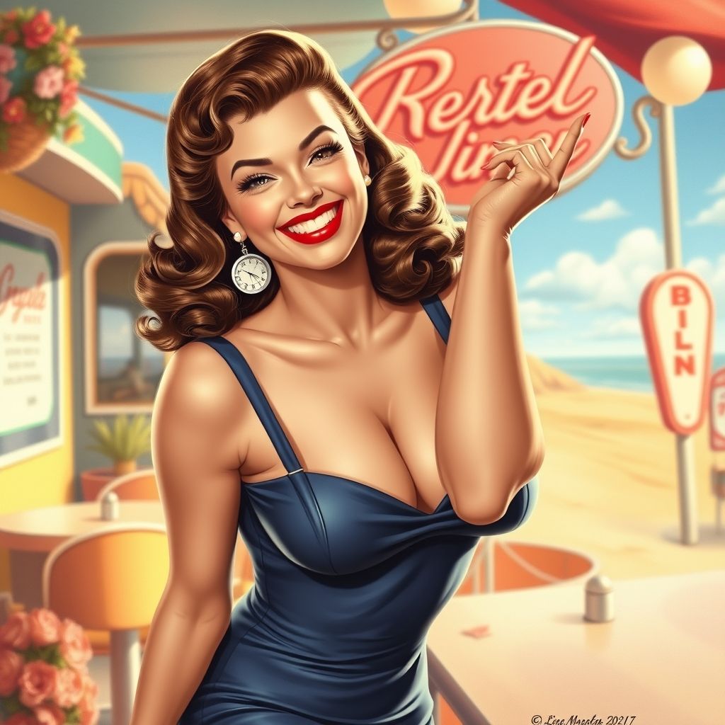 Una ilustración pin-up de Gil Elvgren que representa a una mujer sonriente en una situación traviesa, mostrando su estilo realista y halagador.