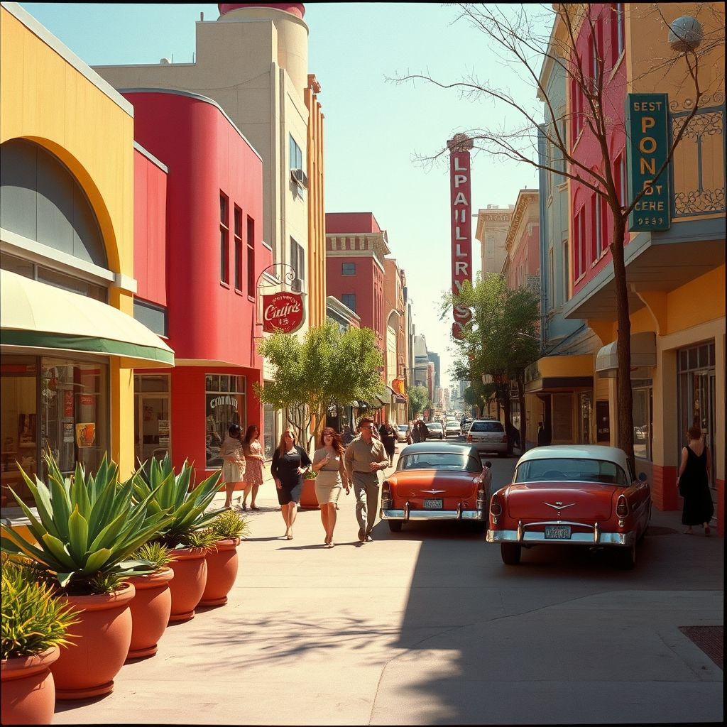 Una fotografía a color Kodachrome de un paisaje urbano de mediados de siglo, mostrando los colores vibrantes y la estética vintage.