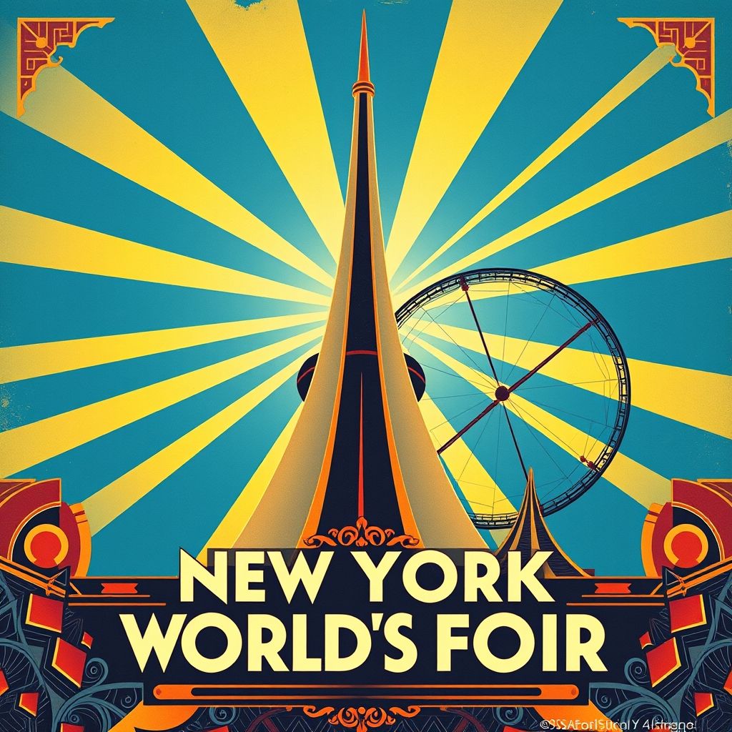 Un cartel vintage de la Feria Mundial de Nueva York de 1939, con la Trylon y la Perisfera en un estilo audaz Art Déco.