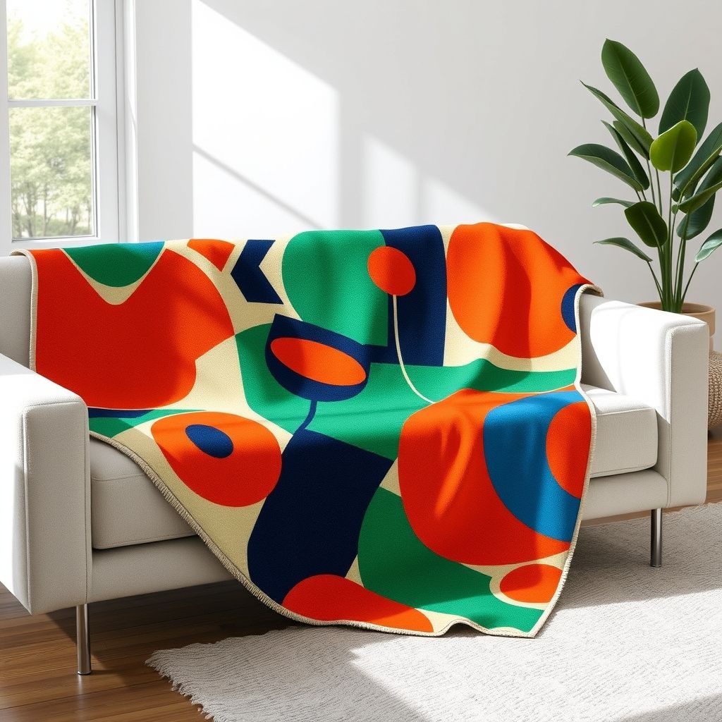 Un diseño textil de Lucienne Day con patrones abstractos y geométricos en colores vibrantes, mostrando su estilo moderno de mediados de siglo.