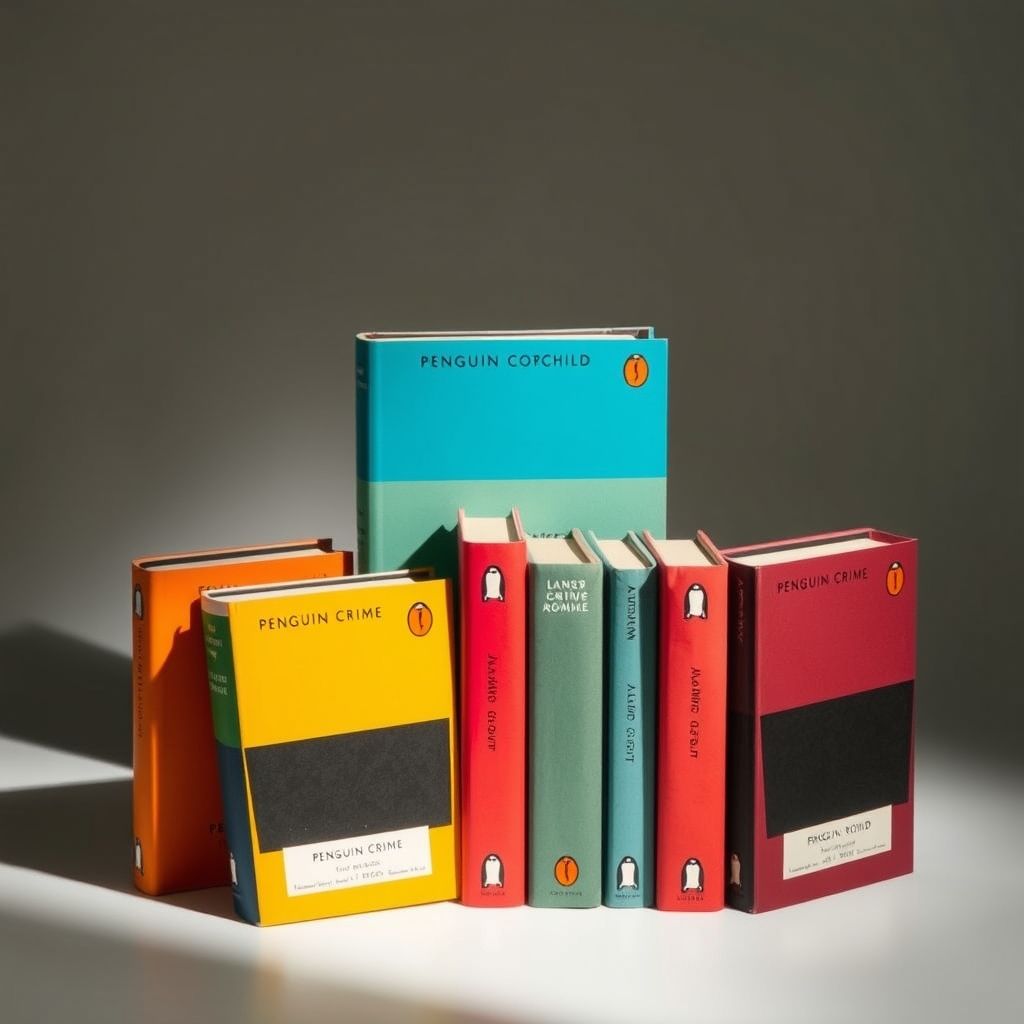 Una colección de libros de bolsillo de la serie Penguin Crime con sus diseños característicos de Jan Tschichold, mostrando el diseño minimalista y el uso consistente de la tipografía.