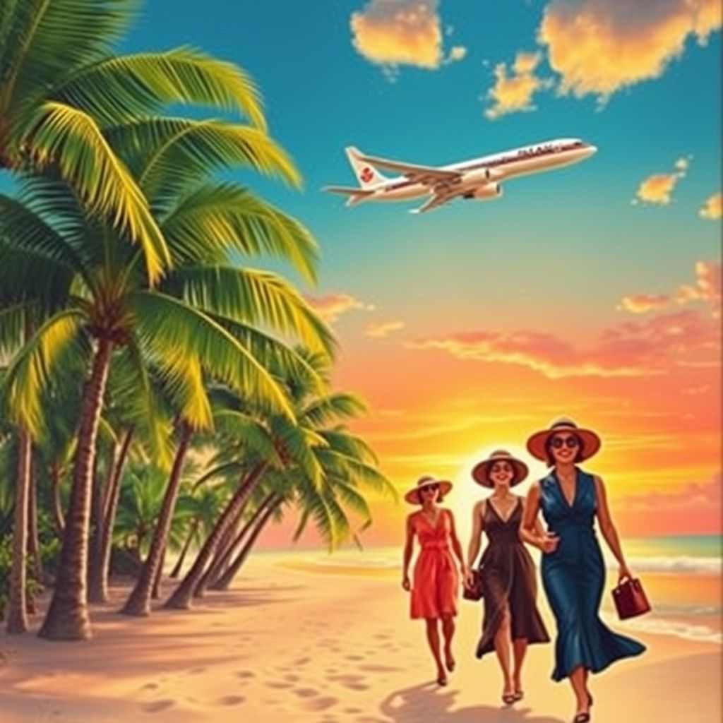 Un anuncio vintage de Pan American World Airways (Pan Am) que muestra un destino exótico y viajes glamorosos, reflejando el espíritu de aventura y sofisticación.
