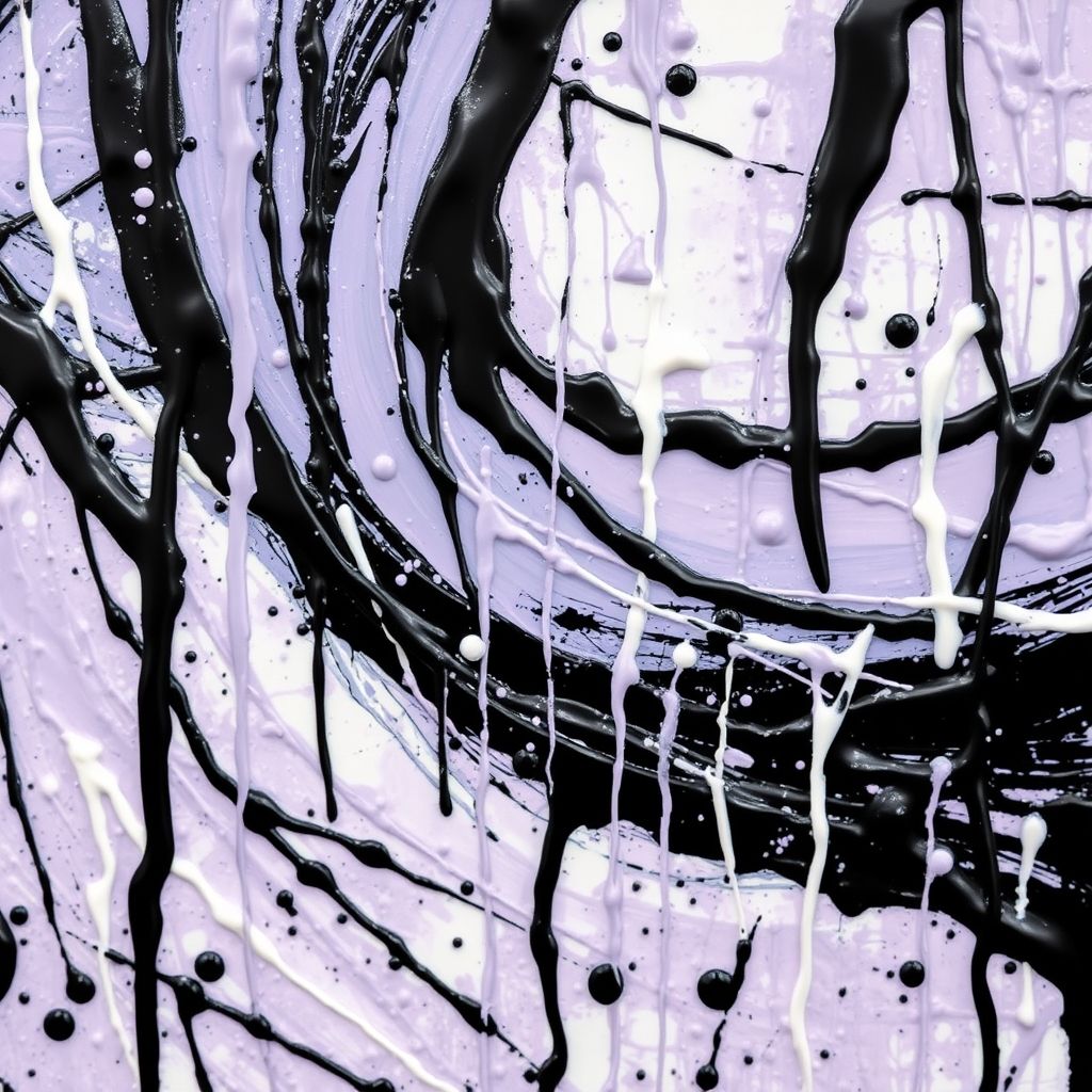 Una fotografía de primer plano de la pintura de goteo de Jackson Pollock 'Número 1, 1950 (Niebla lavanda)', mostrando las complejas capas de pintura entrelazadas.