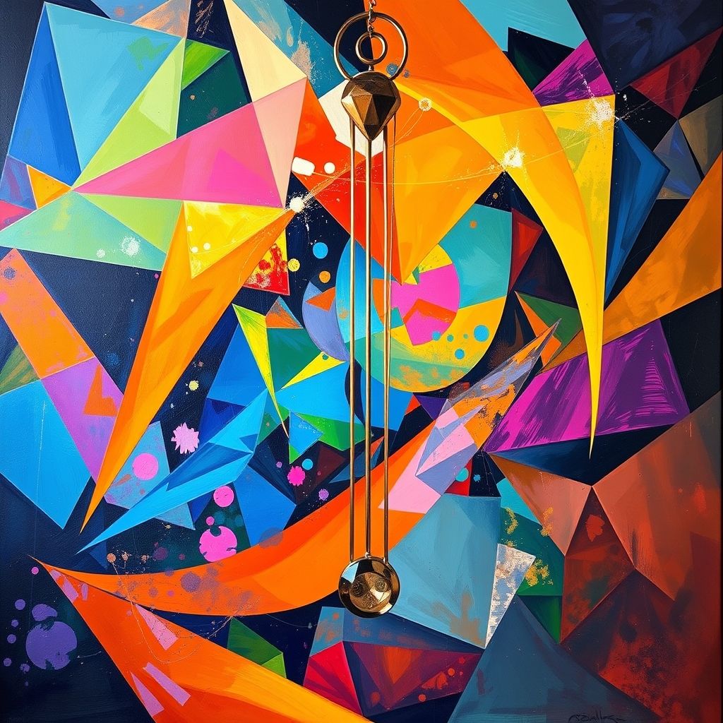 Una pintura abstracta de Cecil Stephenson con formas geométricas y colores vibrantes, junto a una imagen de un péndulo utilizado para la radiestesia.