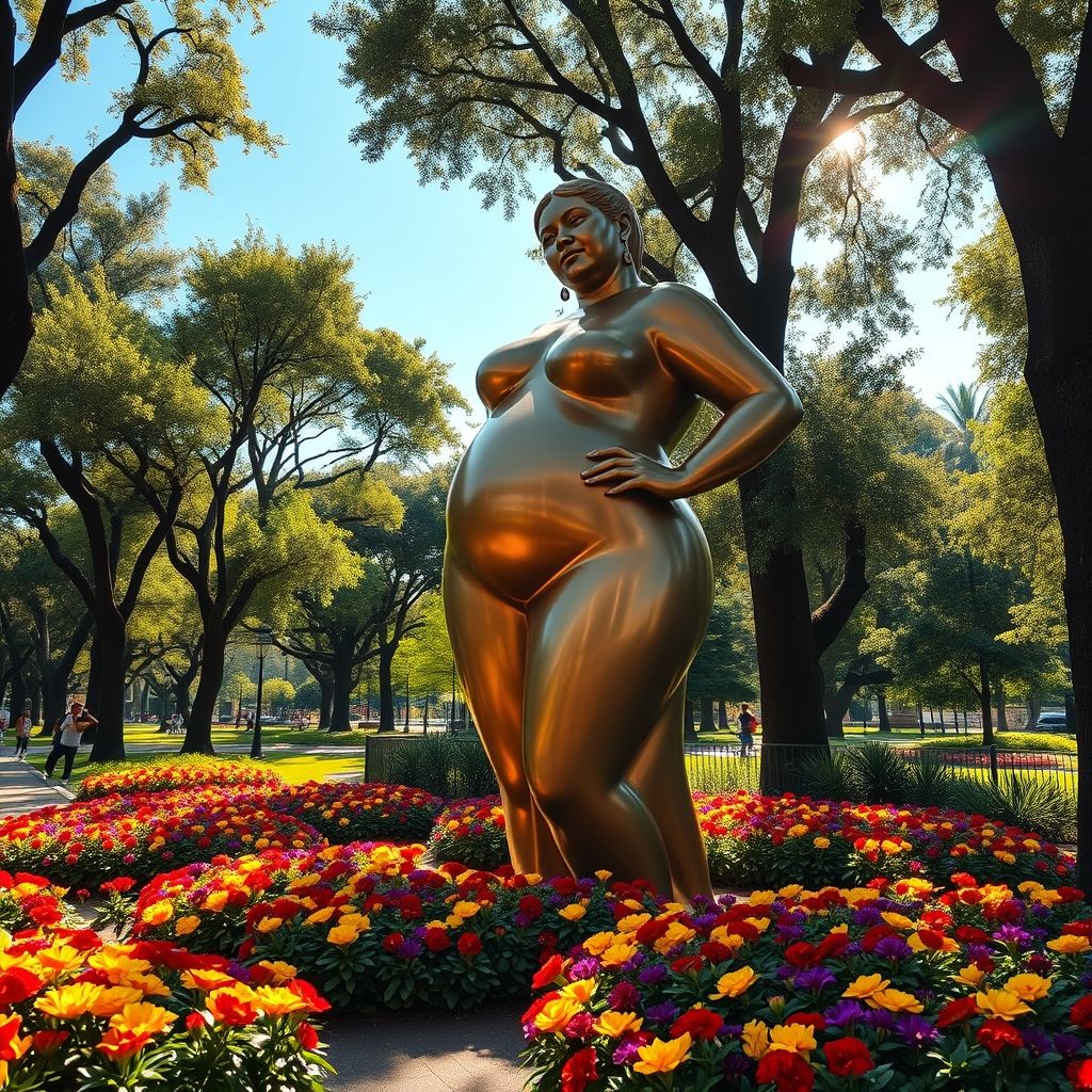 Una escultura de bronce de una mujer gorda de Fernando Botero en un parque público.