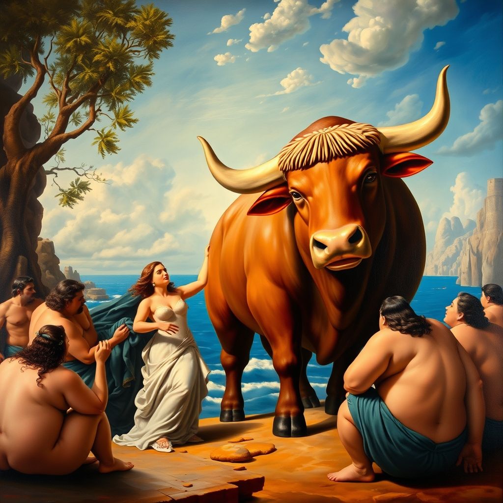 Una pintura al óleo de Fernando Botero que representa el mito de El Rapto de Europa, con figuras gordas y un toro grande.