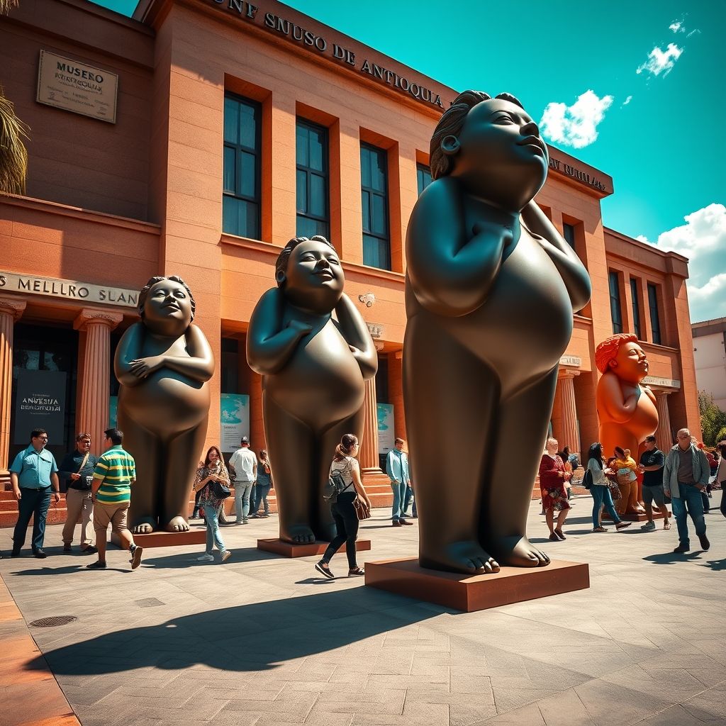 Una fotografía del Museo de Antioquia en Medellín, Colombia, mostrando las esculturas de Fernando Botero en la plaza frente al museo.