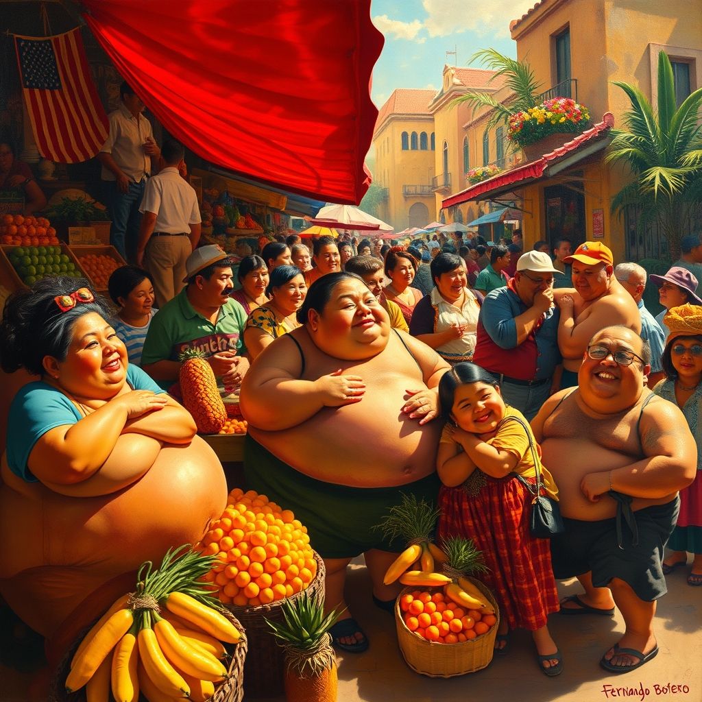Una pintura temprana de Fernando Botero inspirada en los muralistas mexicanos, mostrando una escena de la vida cotidiana latinoamericana.