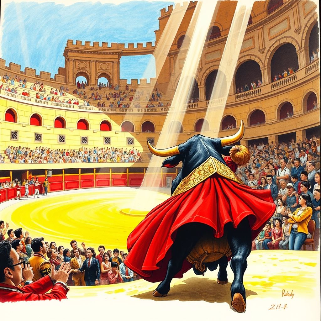 Un dibujo a tinta de Fernando Botero que representa una escena de una corrida de toros.
