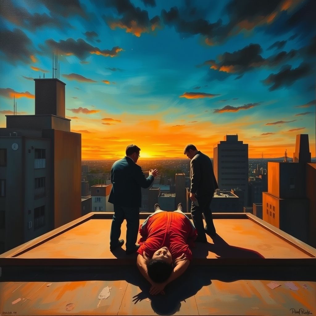 Una pintura de Fernando Botero que representa la muerte de Pablo Escobar en un tejado.