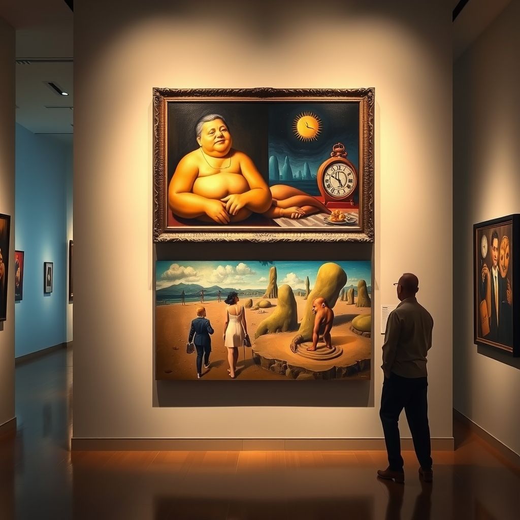 Una pintura de Fernando Botero comparada con una obra surrealista de Salvador Dalí, destacando las similitudes en la distorsión de la realidad.