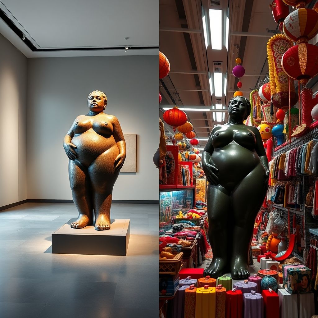 Una imagen que compara una escultura de Fernando Botero exhibida en un museo con una reproducción comercial de la misma escultura vendida en una tienda de souvenirs.