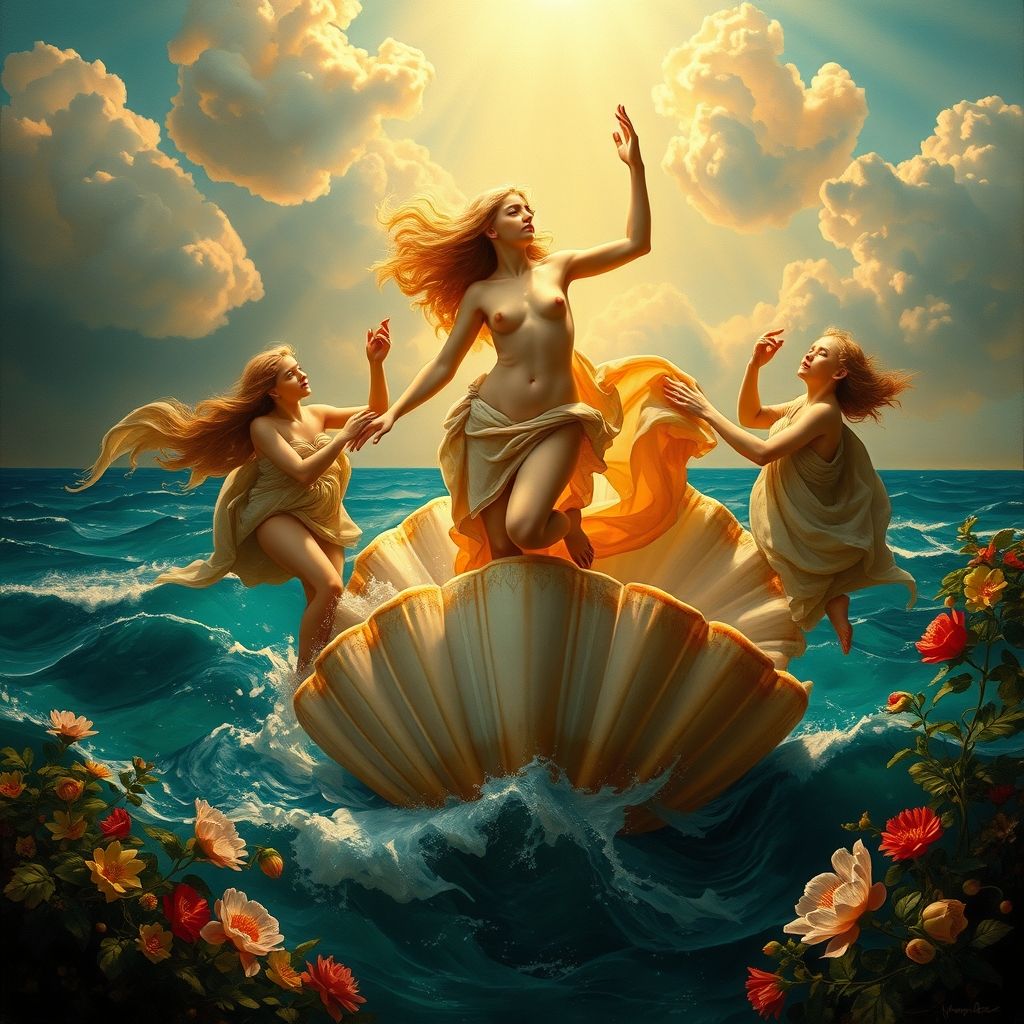 Una pintura de Sandro Botticelli, El Nacimiento de Venus, representando a Venus emergiendo del mar sobre una concha gigante.