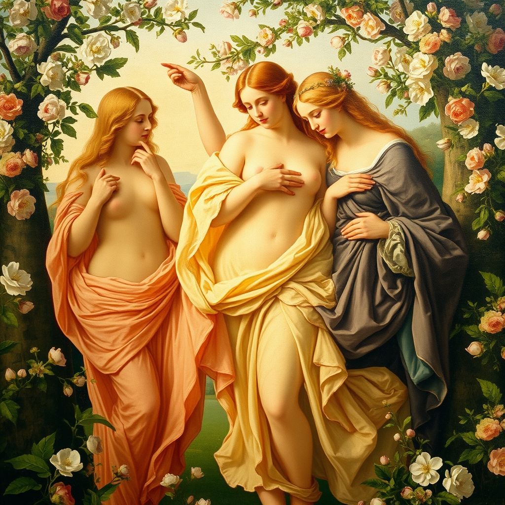 Un detalle de 'La Primavera' de Botticelli, centrado en las Tres Gracias, con imágenes superpuestas de posibles figuras históricas de la corte de los Medici.