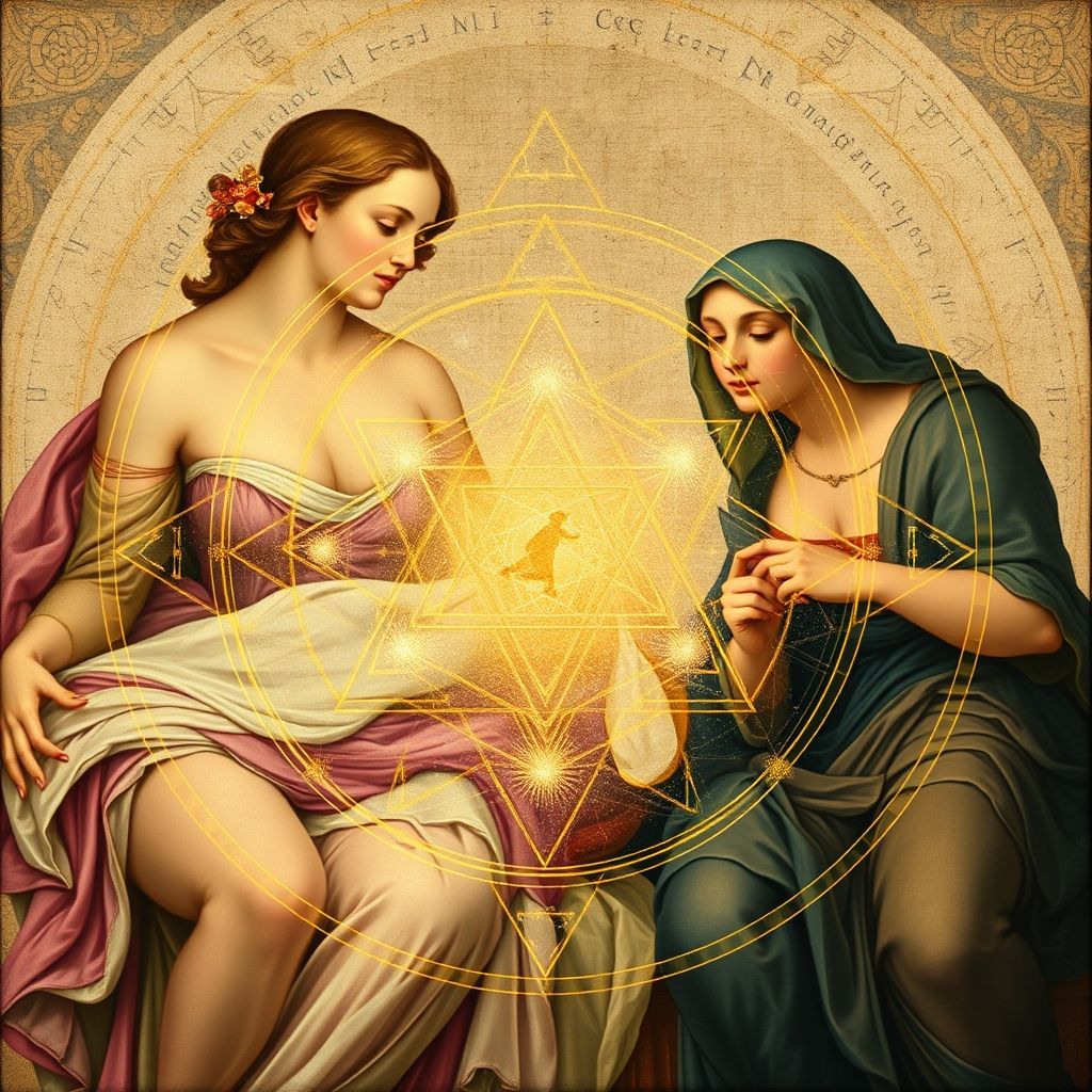 Una representación de símbolos cabalísticos superpuestos a una de las pinturas de Botticelli, resaltando posibles conexiones entre su arte y la Cábala.