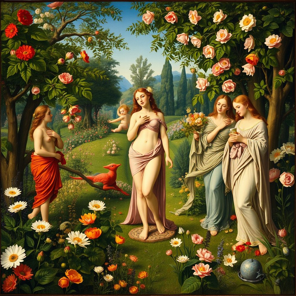 Una pintura de Sandro Botticelli, La Primavera, mostrando un jardín con Venus, Cupido, Flora y las Tres Gracias.