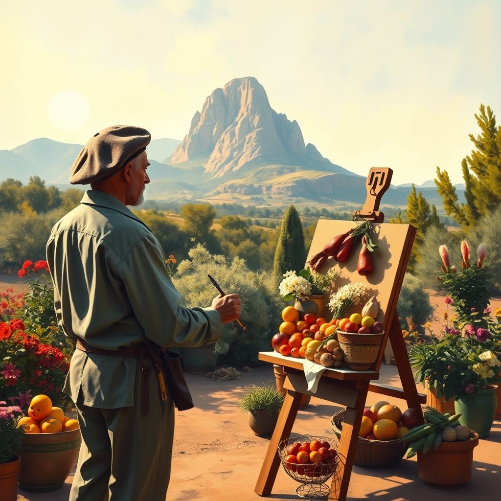 Paul Cézanne, usando su tradicional boina, trabajando en un bodegón al aire libre en Provenza, Francia. Al fondo, el Mont Sainte-Victoire. Estilo impresionista.