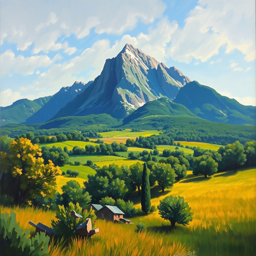 Una de las pinturas de Mont Sainte-Victoire de Paul Cézanne, mostrando la montaña en el centro, con campos y árboles en primer plano. Pintada con pinceladas gruesas y colores vibrantes.