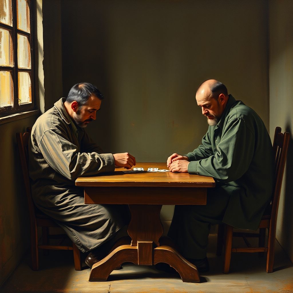 Una de las pinturas de 'Los jugadores de cartas' de Paul Cézanne, mostrando a dos hombres sentados a una mesa, absortos en un juego de cartas. El estilo es postimpresionista, con colores apagados y énfasis en la forma.