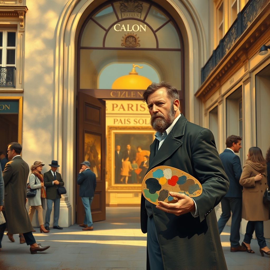 Paul Cézanne de pie frente al Salón de París, pareciendo decepcionado, con un cuadro siendo rechazado en la puerta. Estilo de pintura realista.