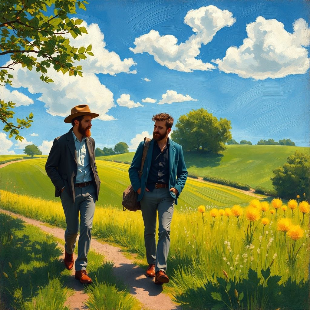 Paul Cézanne y Émile Zola paseando juntos por el campo en su juventud, compartiendo una conversación amistosa. Estilo de pintura impresionista.