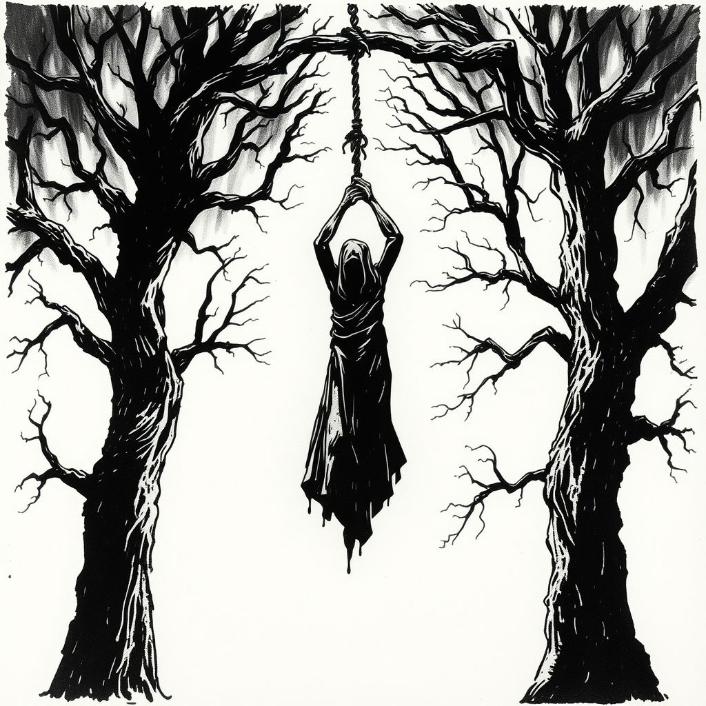 Un dibujo a tinta de una figura ahorcada en un patíbulo con árboles nudosos que le rodean. El estilo es áspero, con líneas negras expresivas.