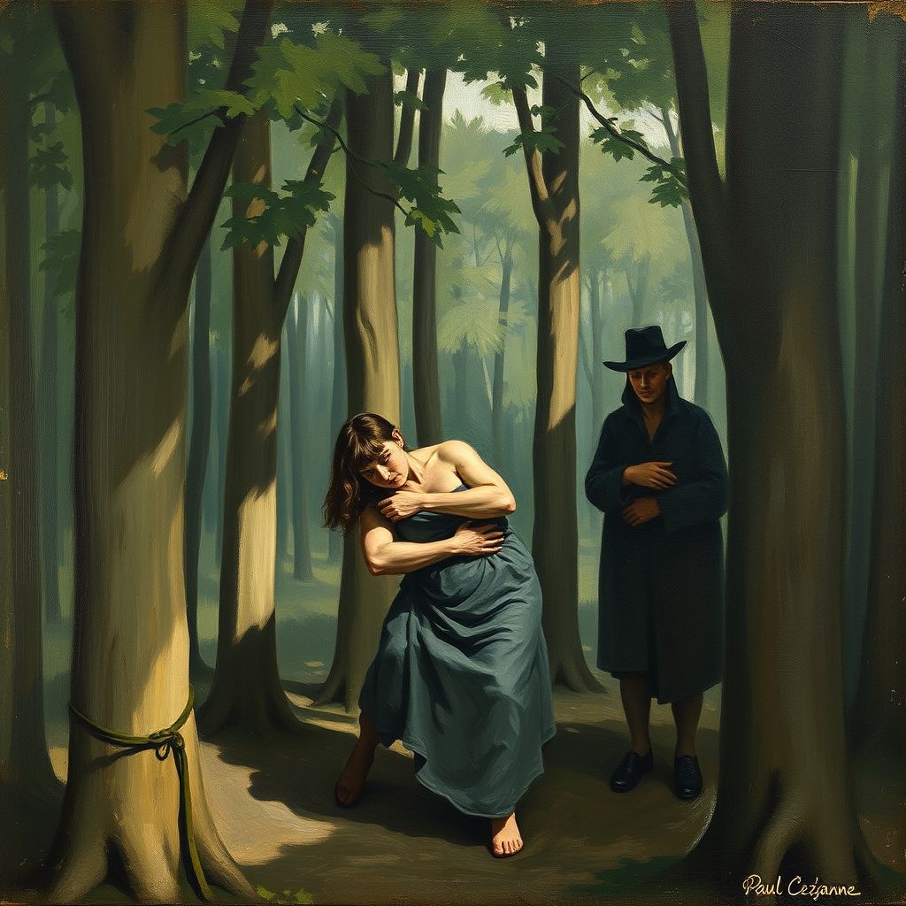 La pintura de Paul Cézanne de 'El asesinato', mostrando a un hombre estrangulando a una mujer en un bosque, con otra figura mirando. El estilo es áspero, con colores apagados y una atmósfera sombría.