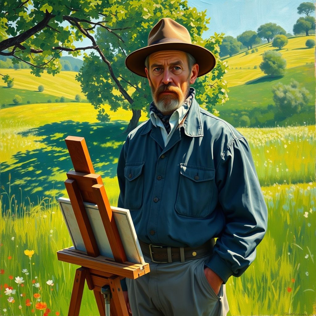 Paul Cézanne, solo, pintando en un campo, con su caballete y pinturas dispuestos. Tiene una expresión seria y concentrada. El paisaje que le rodea es exuberante y verde. Estilo impresionista.