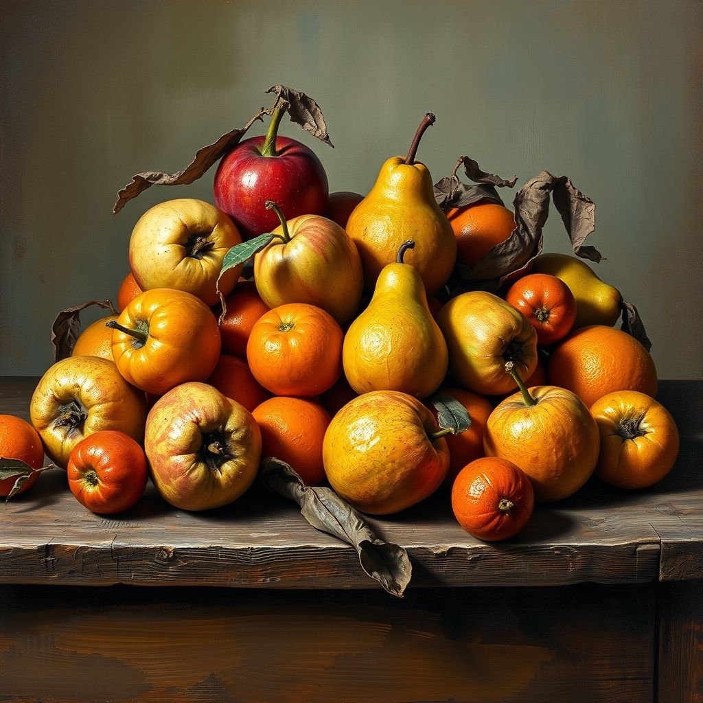 Una naturaleza muerta pintada por Paul Cézanne, representando fruta que ha empezado a pudrirse, con signos de decadencia visibles. El estilo es postimpresionista, con pinceladas gruesas y una paleta de colores rica.