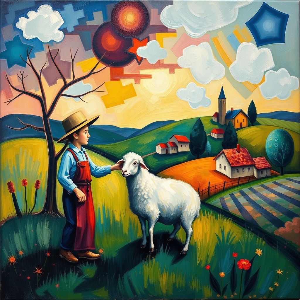 Pintura al óleo de Marc Chagall, 'Yo y la Aldea', colores vibrantes, escena onírica, campesino y oveja, elementos cubistas.