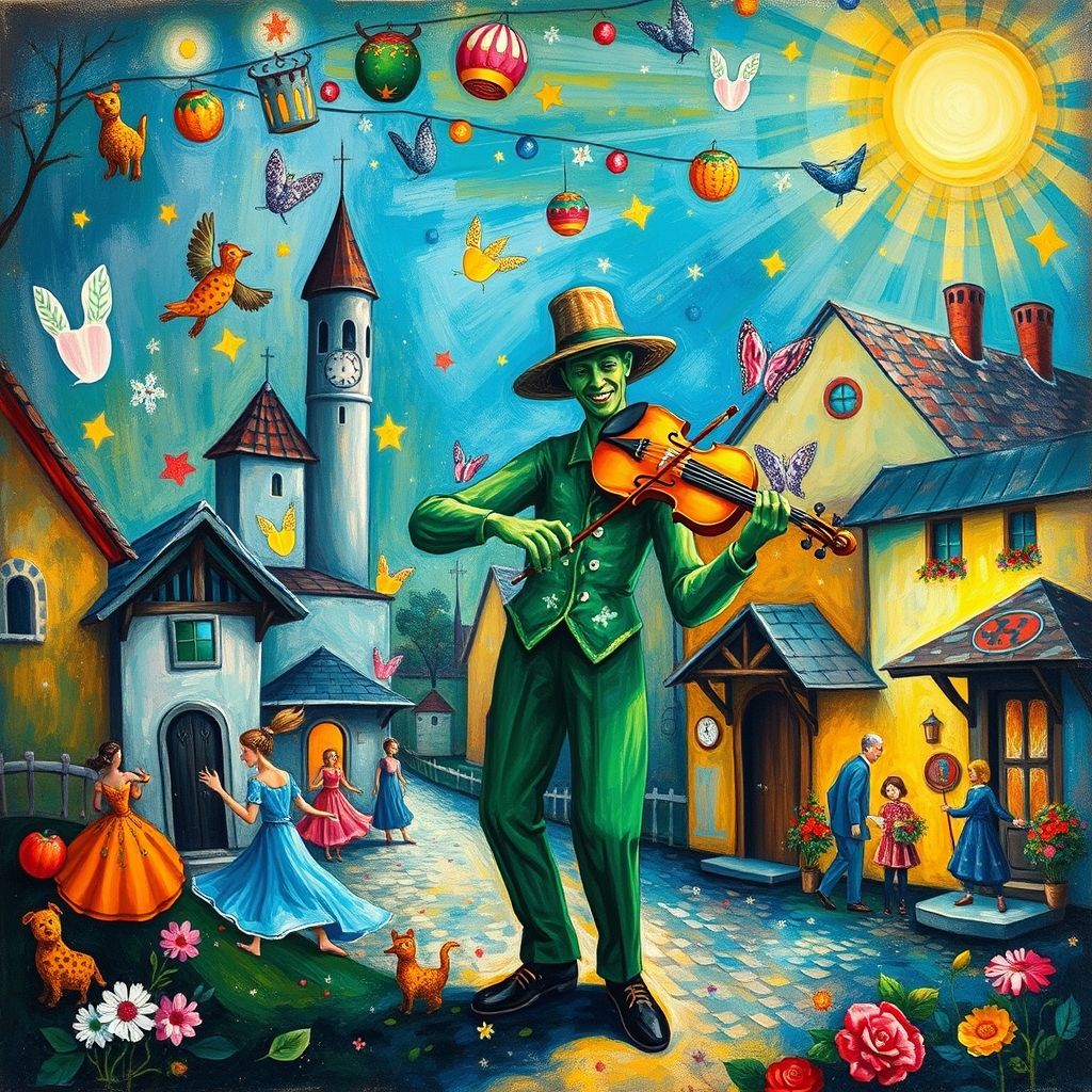 Pintura de Marc Chagall, 'El violinista verde', violinista verde tocando en un pueblo ruso, colores vibrantes, figuras flotantes, elementos de arte folclórico.