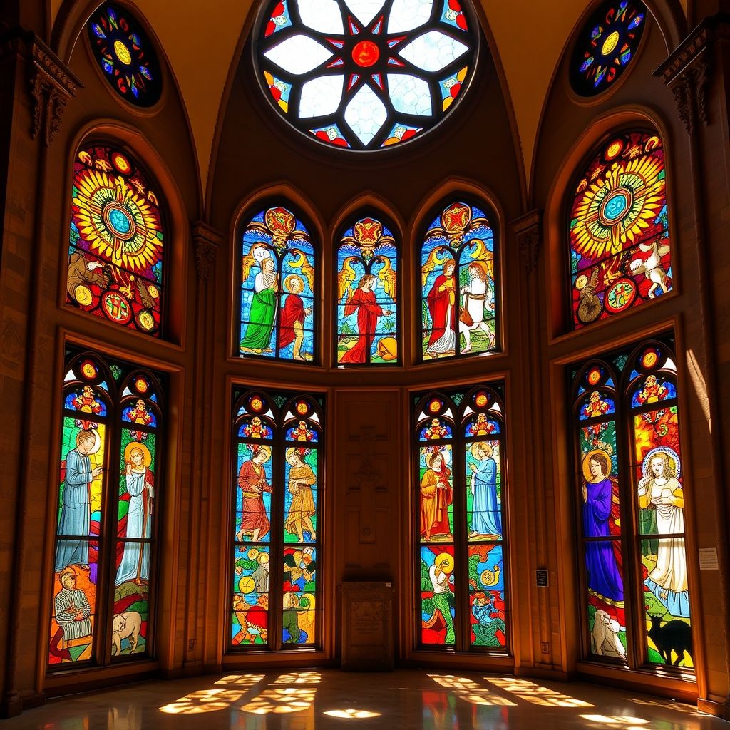 Vitrales de Marc Chagall en la sinagoga Hadassah, Jerusalén, doce tribus de Israel, colores vibrantes, simbolismo religioso.