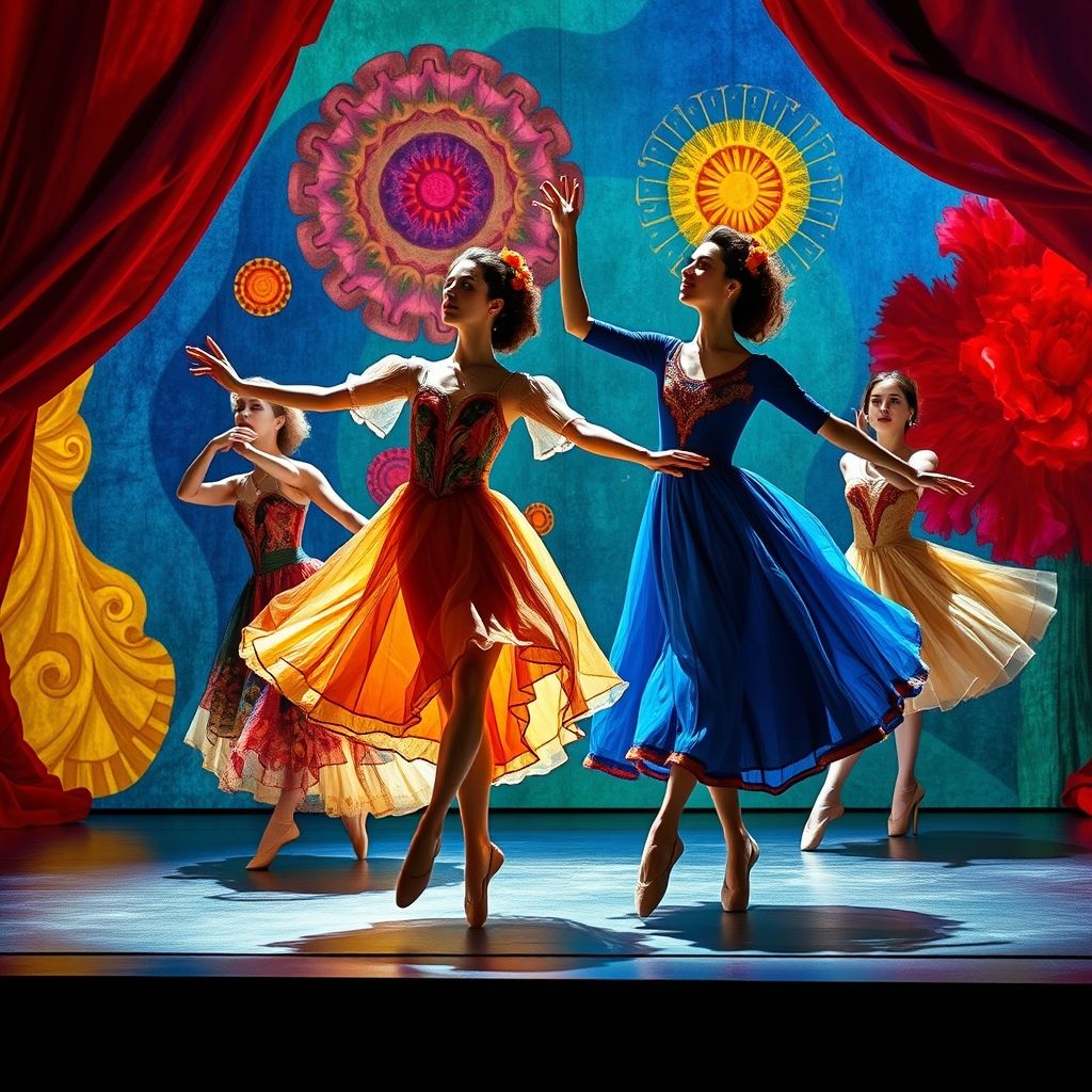 Diseños de vestuario de Marc Chagall para el ballet Aleko, colores vibrantes, trajes de ballet expresivos, diseños teatrales.