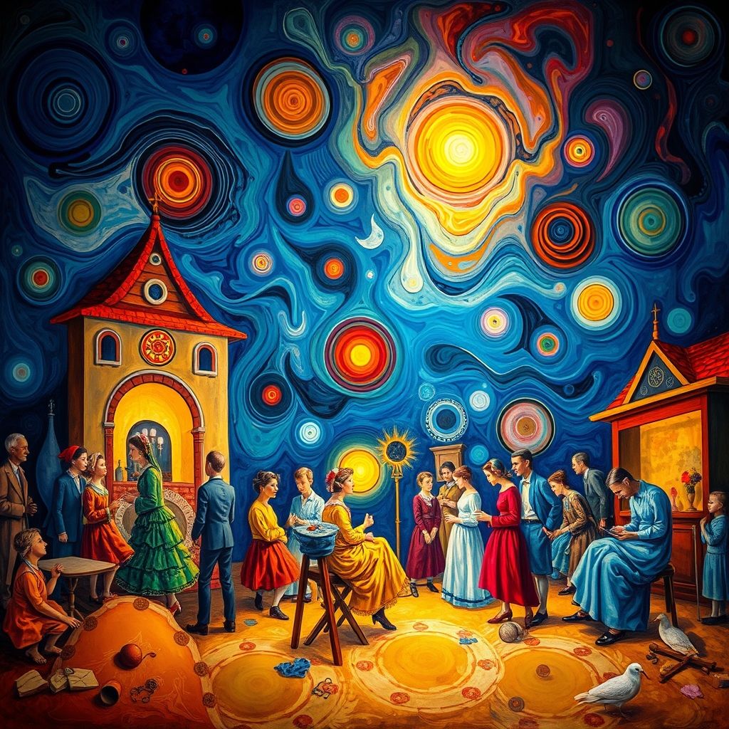 Recreación artística de los murales de Marc Chagall para el Teatro Judío de Arte de Moscú, escenas de la vida judía, elementos de arte folclórico, estilo vanguardista ruso.