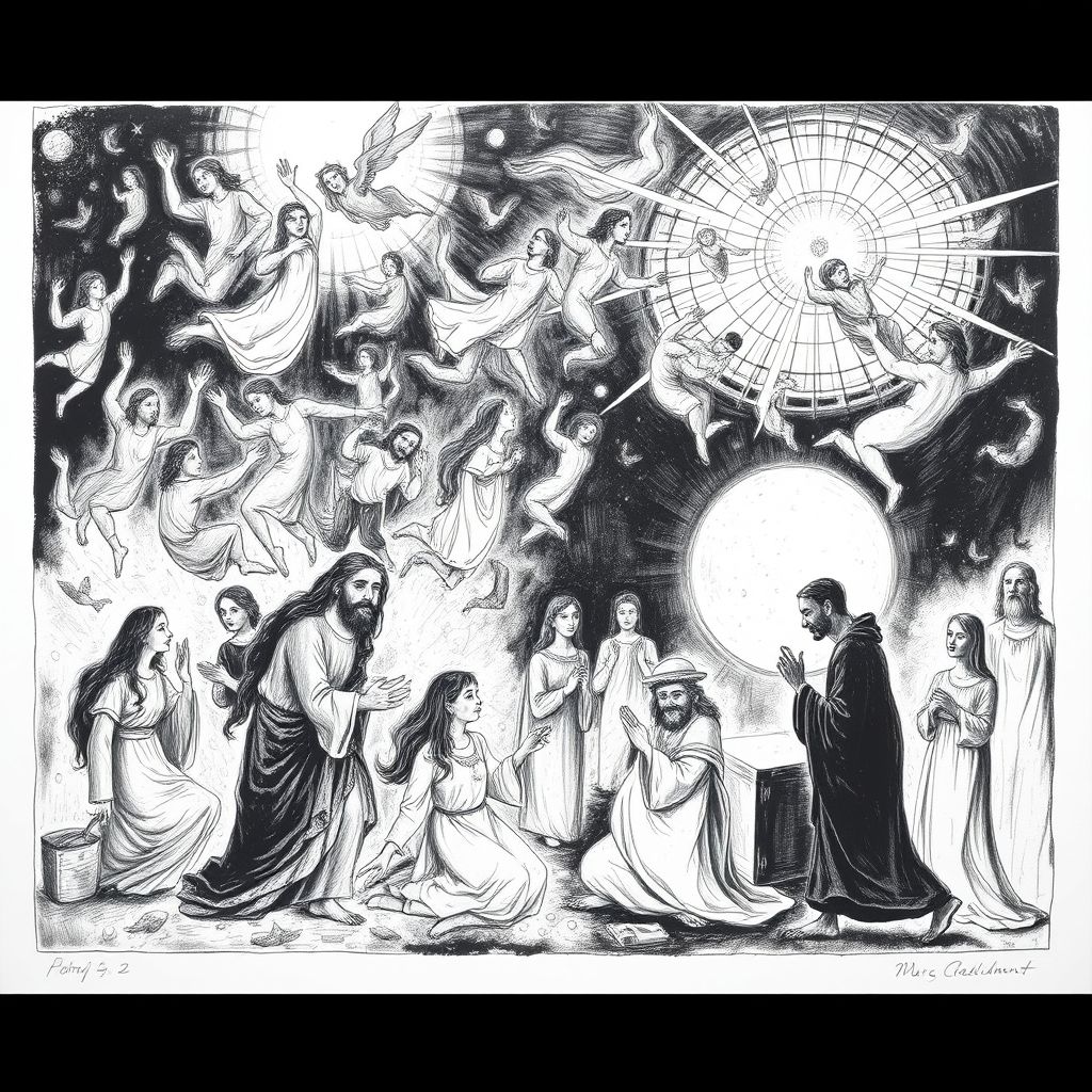 Grabado de Marc Chagall de la serie de grabados de la Biblia, blanco y negro, escenas del Antiguo Testamento, estilo expresivo.