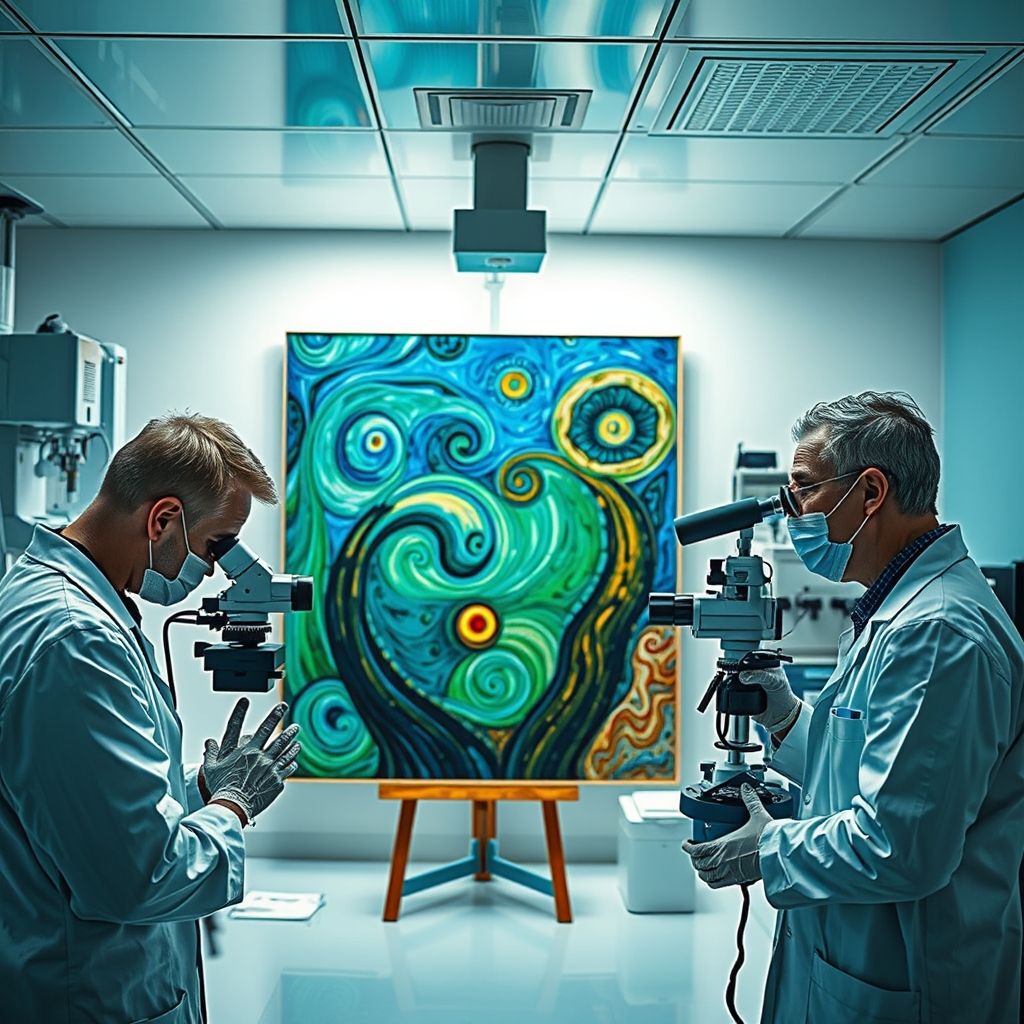 Análisis forense de una pintura atribuida a Marc Chagall, expertos examinando la pintura, equipos científicos, debate sobre la autenticidad.