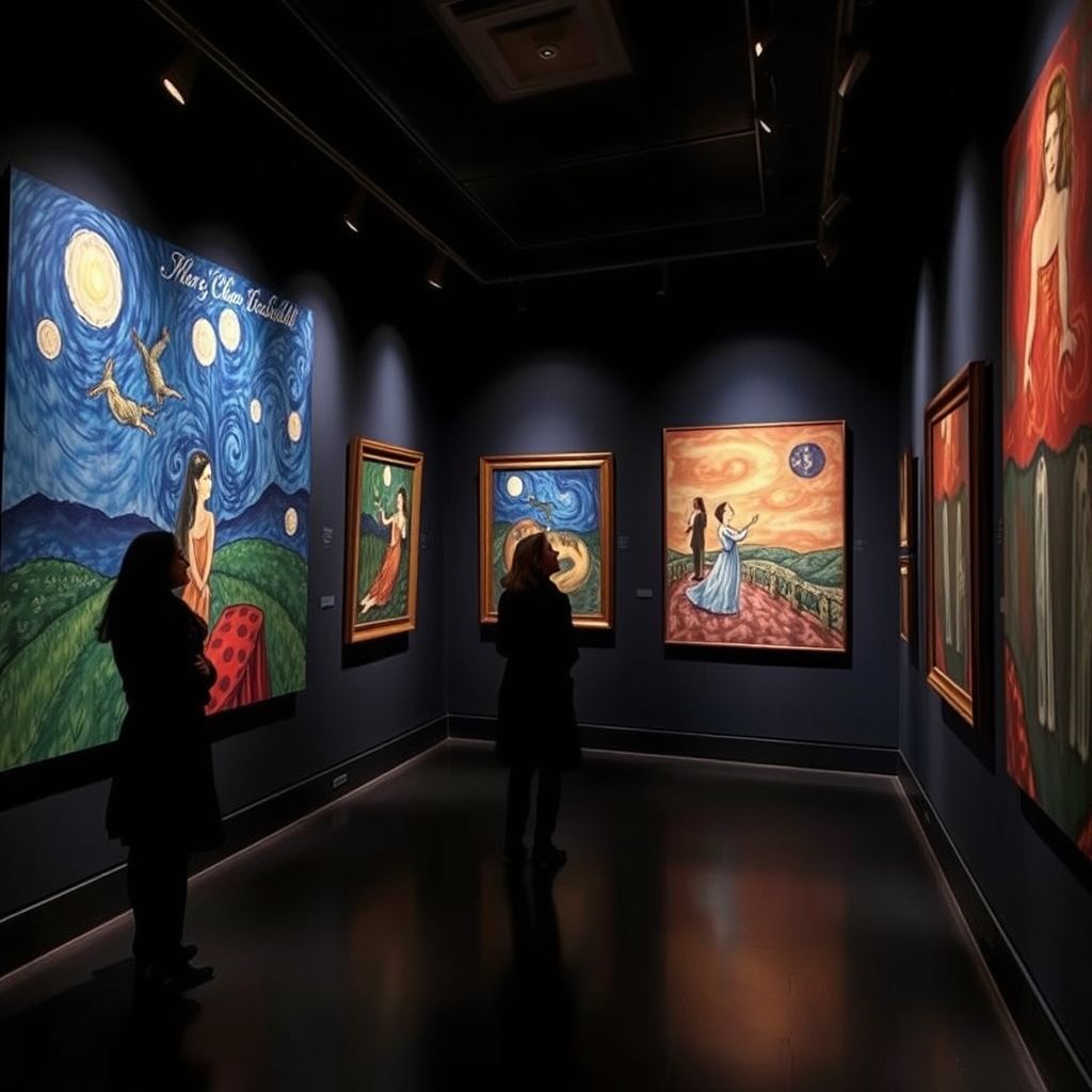 Una selección de pinturas 'perdidas' de Marc Chagall de la colección de la familia Likhtenstein, diferentes estilos y temas, ambiente misterioso.