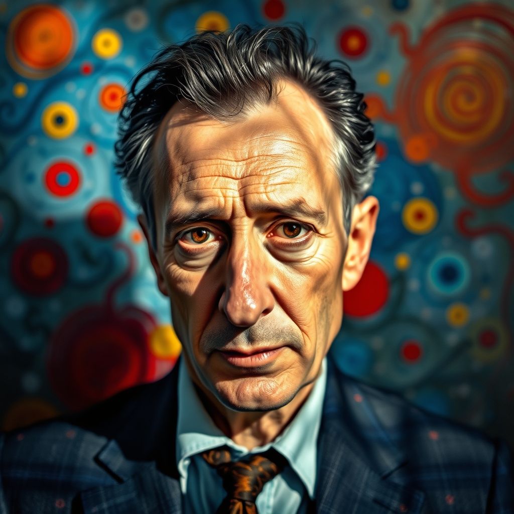 Retrato de Marc Chagall con un fondo de elementos surrealistas desdibujados, expresión reflexiva, énfasis en la individualidad artística.