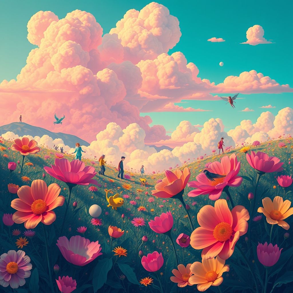 Una imagen de una obra de arte de Chiho Aoshima en estilo Superflat, mostrando colores brillantes, figuras planas y un paisaje onírico.