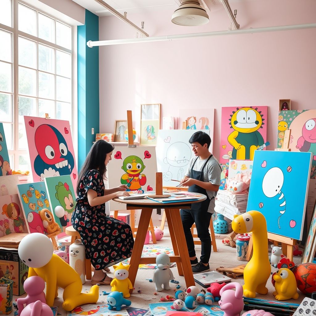 Chiho Aoshima y Takashi Murakami trabajando juntos en un estudio de arte, rodeados de obras de arte Superflat.