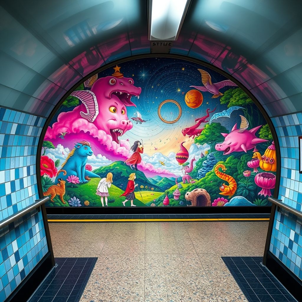 Una toma de un mural de Chiho Aoshima en la Estación de Metro de Gloucester Road en Londres, mostrando su arte en un espacio público.