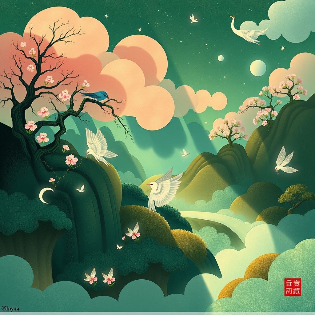 Una obra de arte de Chiho Aoshima que contiene elementos de la iconografía sintoísta, como espíritus de la naturaleza y paisajes sagrados.