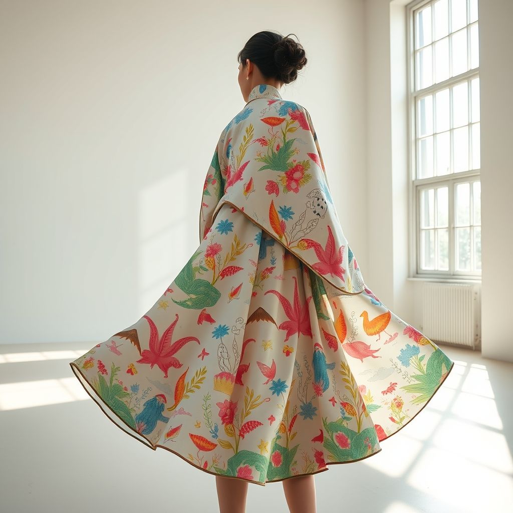 Una imagen de una prenda de ropa diseñada por Mikio Sakabe con el arte de Chiho Aoshima, mostrando la fusión del arte y la moda.