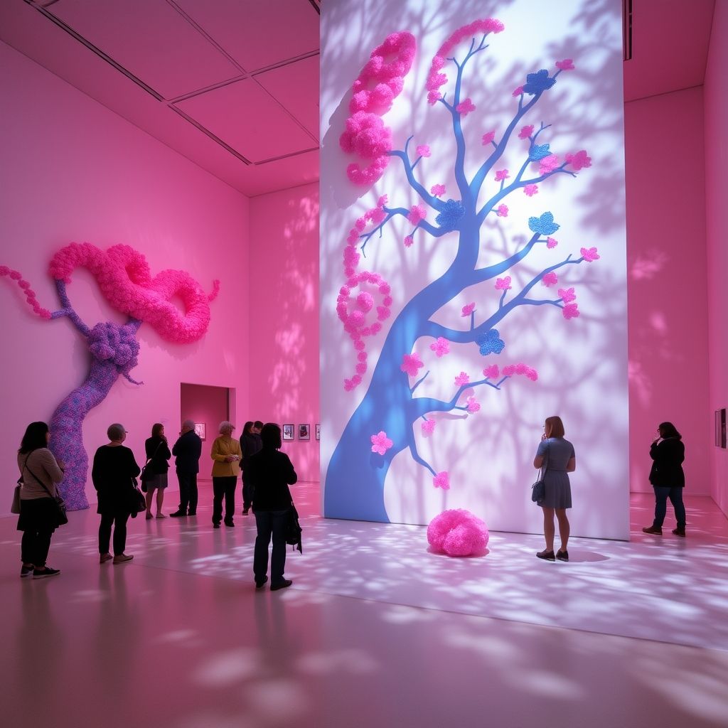 Fotografía de la exposición individual de Chiho Aoshima en el Musée d'art contemporain de Lyon en 2006, mostrando la instalación y el diseño de la exposición.