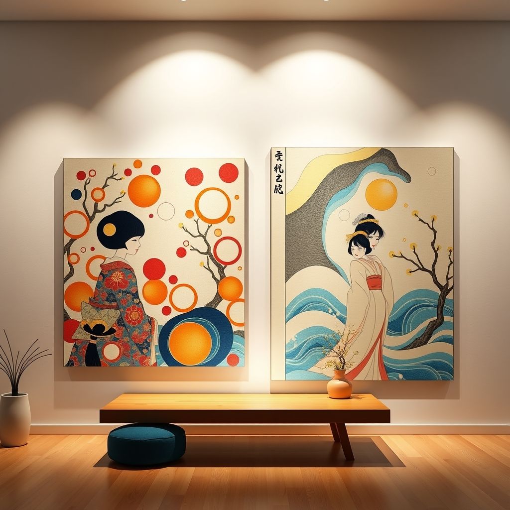 Una comparación yuxtapuesta de una obra de arte de Chiho Aoshima y una impresión Ukiyo-e tradicional, mostrando similitudes en la composición y los elementos estilísticos.