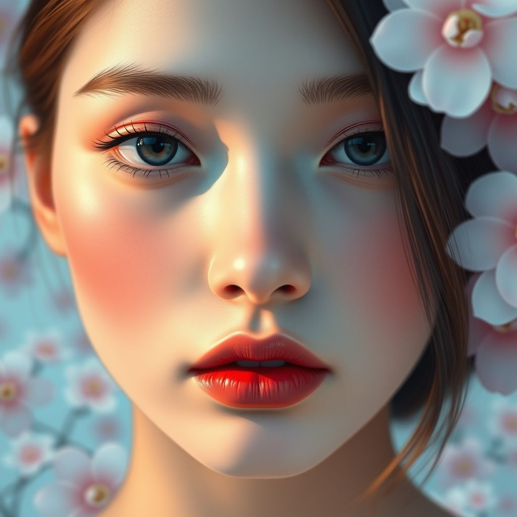 Un primer plano del rostro de una figura femenina en una obra de Chiho Aoshima, capturando una sensación de vulnerabilidad e introspección.