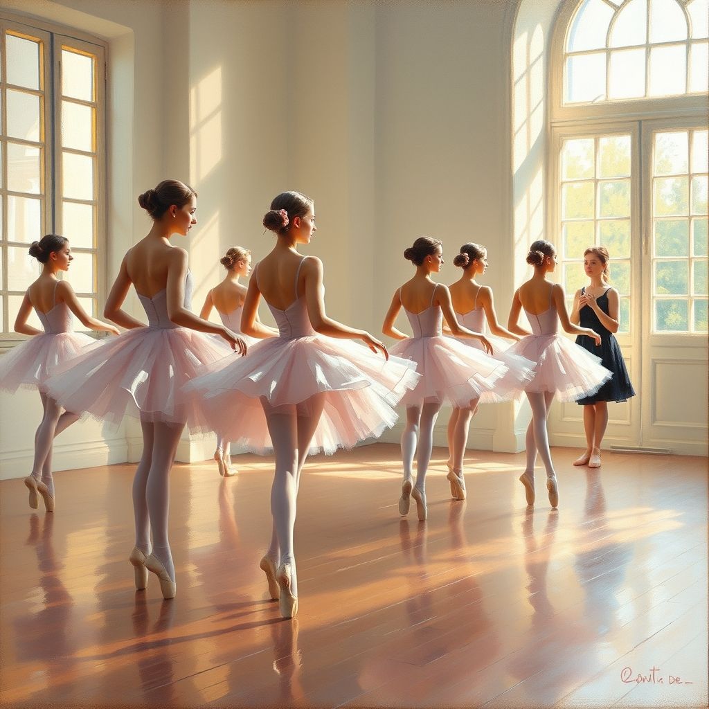 Una pintura al óleo impresionista que representa a varias bailarinas de ballet ensayando en un estudio, con Degas observando en el fondo.